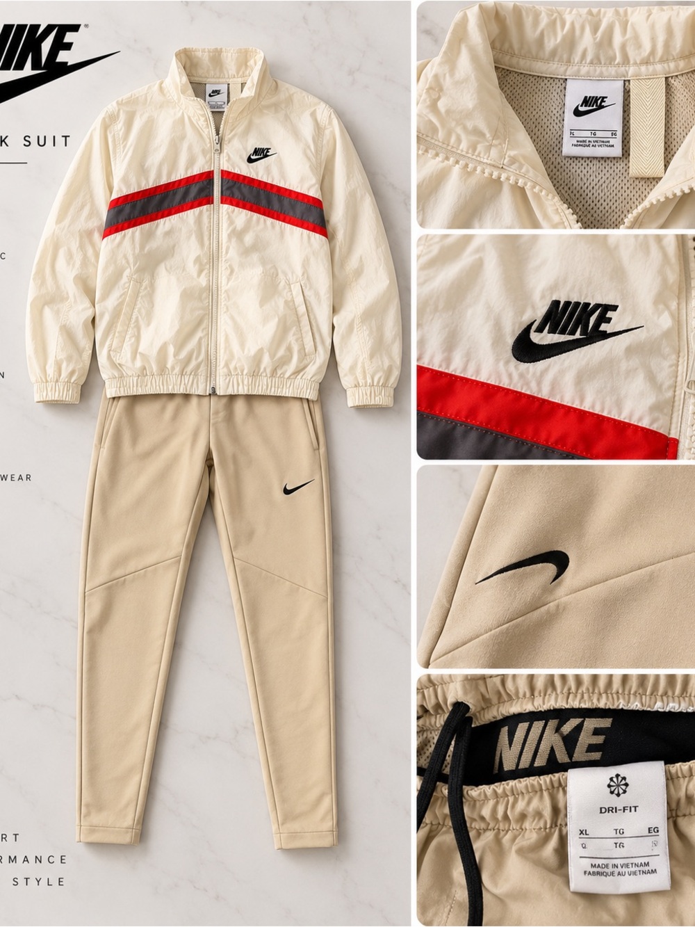 Nike Men’s Cream Jacket with Red & Gray Stripes and Tan Pants Set